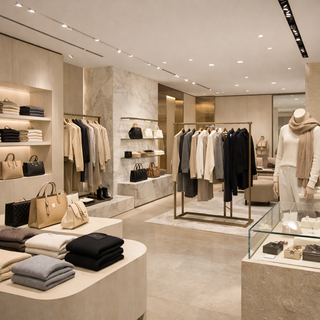 Refined boutique environment showcasing luxury apparel presentation