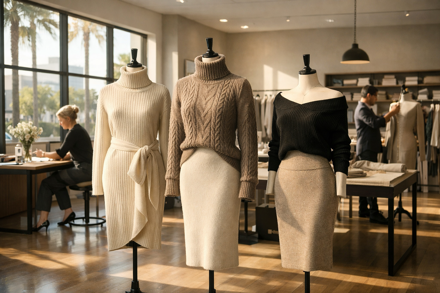 Luxury apparel environment with refined textures and finished garments