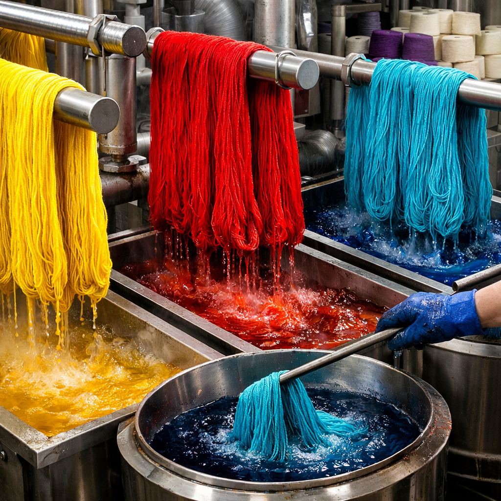 Technicians monitoring yarn dyeing for color consistency